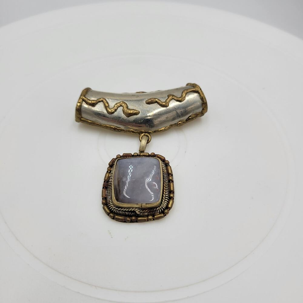 Vintage Tribal Pendant Brass Silver Gray Stone Snake Motif Artisan Chunky
